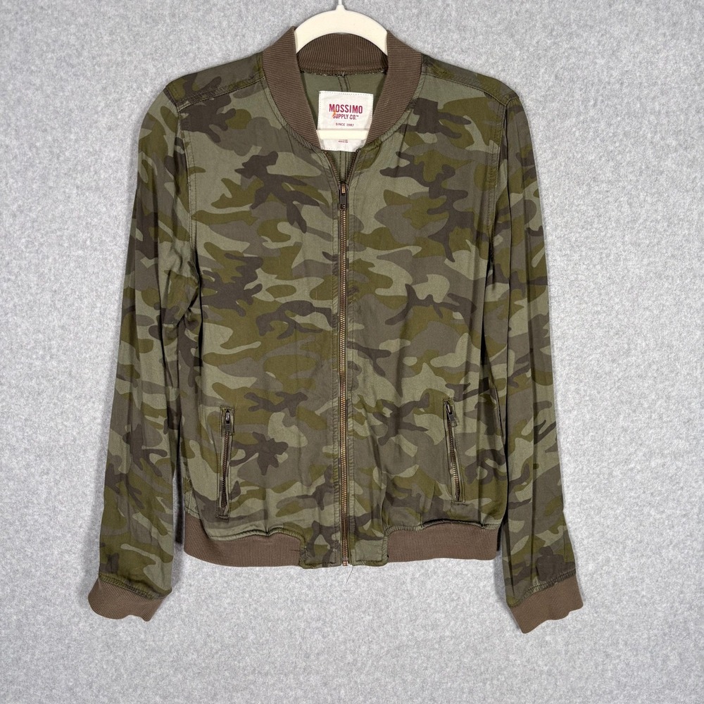 Mossimo Camo Bomber Jacket Medium Green Pockets GORP Streetwear Utility Thin